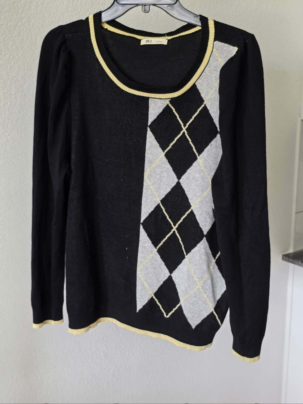 OVLA Women's Large Black Argyle Sweater Gold Trim Long Sleeve Knit Pullover Top